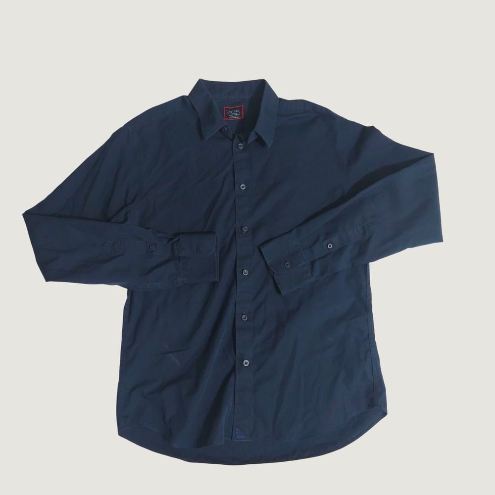 UNTUCKit Mens Slim Fit Wrinkle Free Navy Blue Long Sleeve Button Down Shirt M